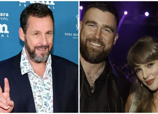 Adam Sandler smiling while standing between Taylor Swift and Travis Kelce at their wedding.