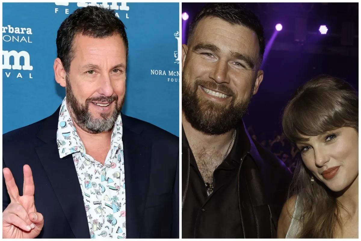 Adam Sandler smiling while standing between Taylor Swift and Travis Kelce at their wedding.