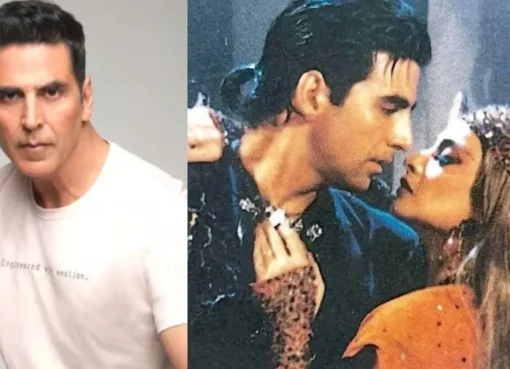 Akshay Kumar and Rekha share a close moment on a film set, looking at each other intensely.