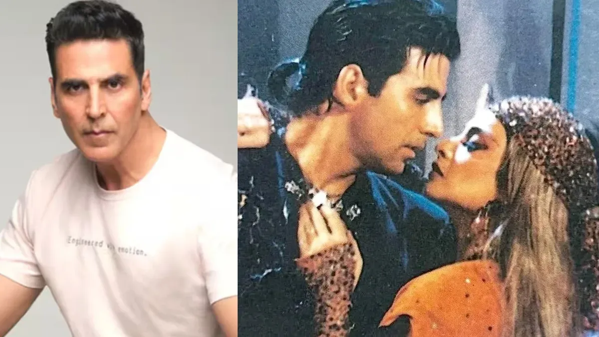 Akshay Kumar and Rekha share a close moment on a film set, looking at each other intensely.