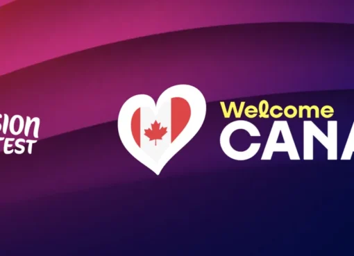 A stylized graphic of the Eurovision Song Contest logo with a Canadian flag integrated, surrounded by musical notes.