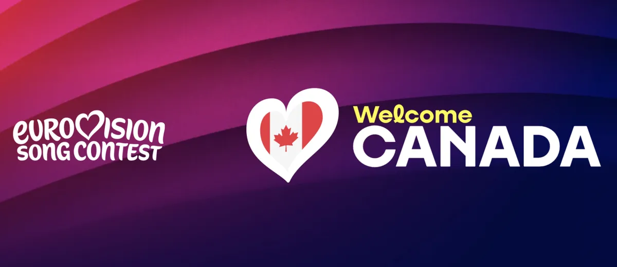 A stylized graphic of the Eurovision Song Contest logo with a Canadian flag integrated, surrounded by musical notes.