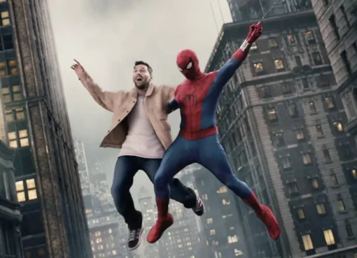 Lionel Messi smiling next to Tom Holland dressed as Spider-Man in a playful movie promo.