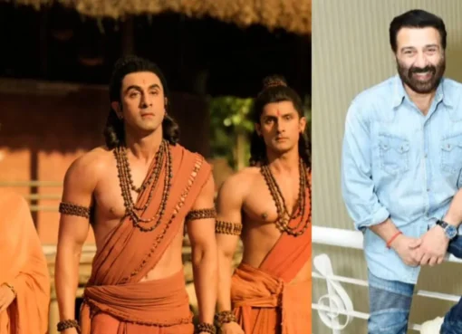 A cinematic shot of Ranbir Kapoor and Sai Pallavi from the Ramayana movie trailer.