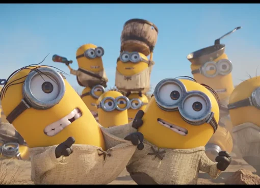 A group of yellow Minions looking confused in a colorful room.