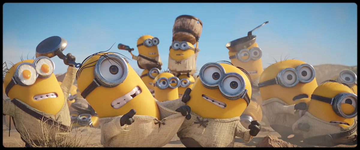 A group of yellow Minions looking confused in a colorful room.