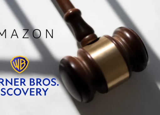 A conceptual image of two large media logos facing off in a courtroom setting