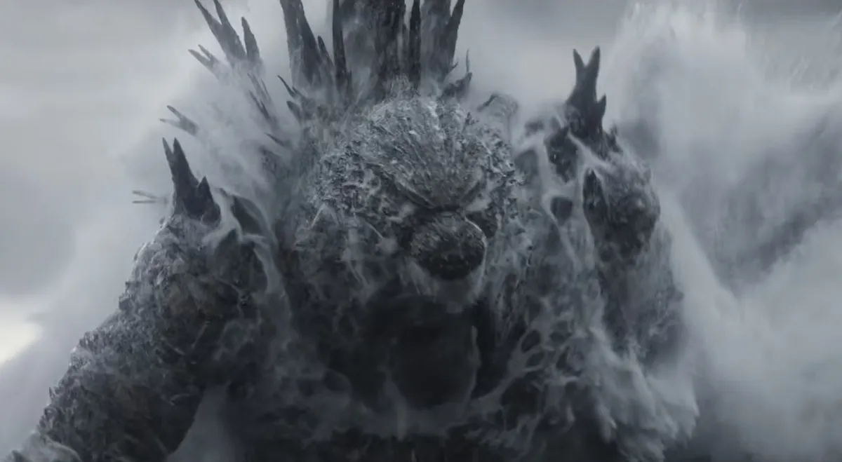 Godzilla getting hit by a nuclear explosion in the ocean from the 'Godzilla Minus Zero' trailer.