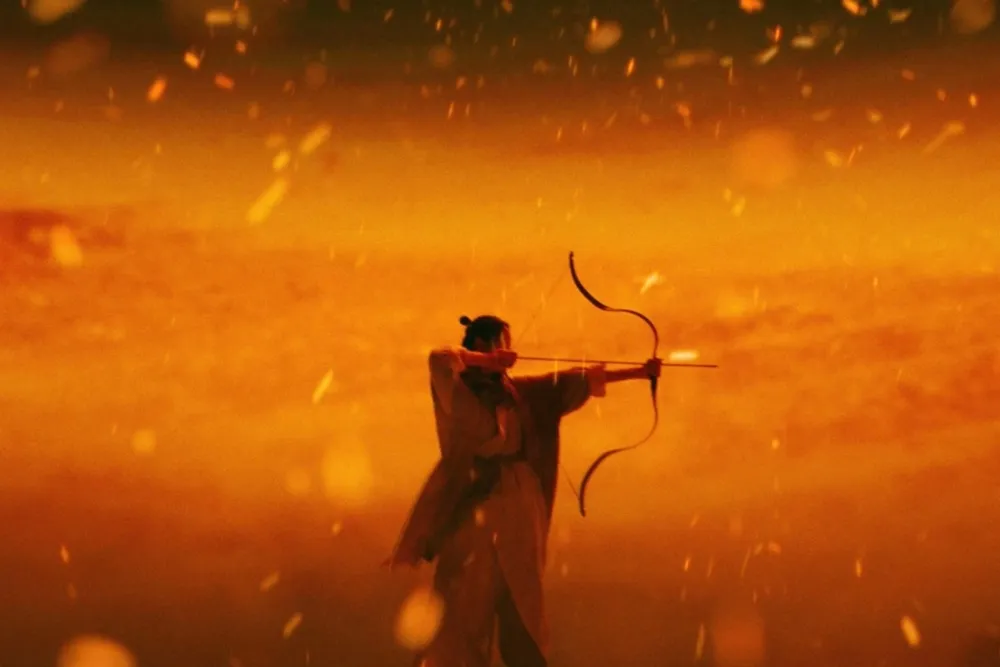 A promotional image for 'The House on the Moon' featuring elements of both traditional wuxia and futuristic science fiction.