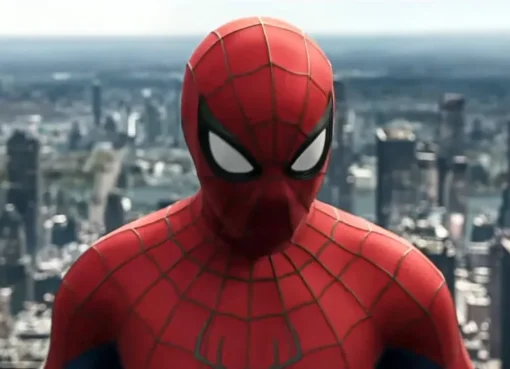 Tom Holland as Spider-Man swinging heroically through a city skyline.