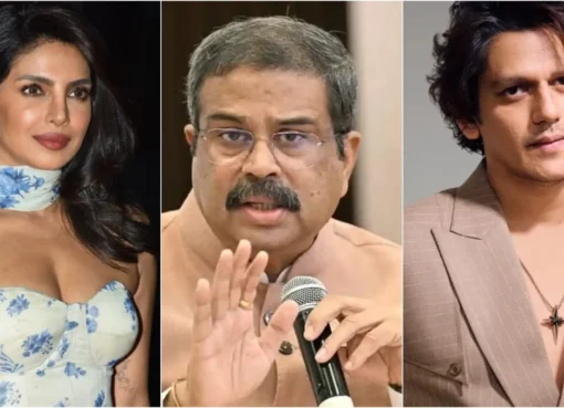 Priyanka Chopra smiling and Vijay Varma making a 'bye' gesture, reacting to the news.