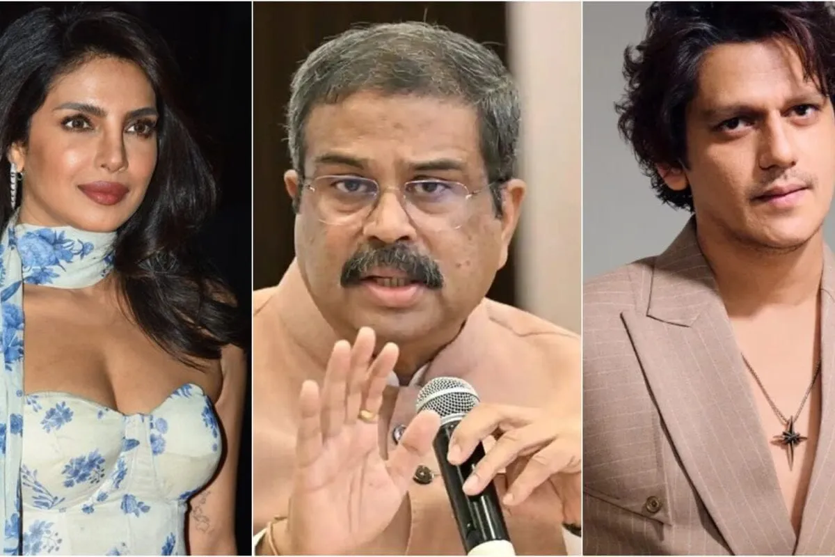 Priyanka Chopra smiling and Vijay Varma making a 'bye' gesture, reacting to the news.