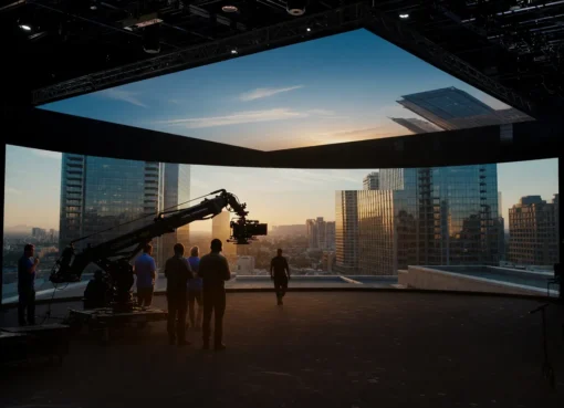 A large, curved LED screen on a film set displaying a vibrant virtual outdoor environment.
