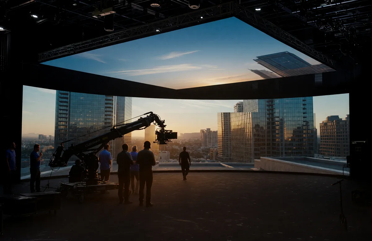 A large, curved LED screen on a film set displaying a vibrant virtual outdoor environment.
