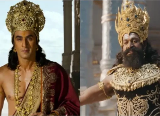 Ranbir Kapoor in a regal pose, portraying Lord Rama with a serene yet powerful expression.
