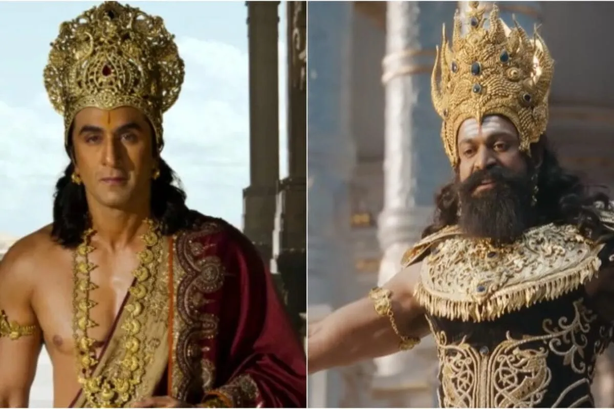 Ranbir Kapoor in a regal pose, portraying Lord Rama with a serene yet powerful expression.
