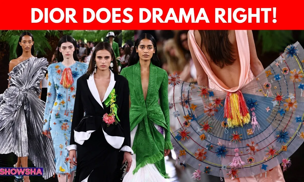 Models showcasing colorful, sculptural designs from Dior's Haute Couture collection.