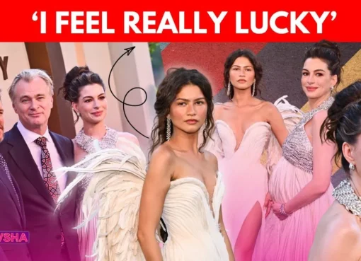 Zendaya in a white feathered gown and Anne Hathaway in a white Prada gown on a red carpet.
