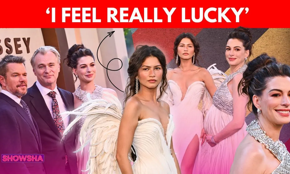 Zendaya in a white feathered gown and Anne Hathaway in a white Prada gown on a red carpet.