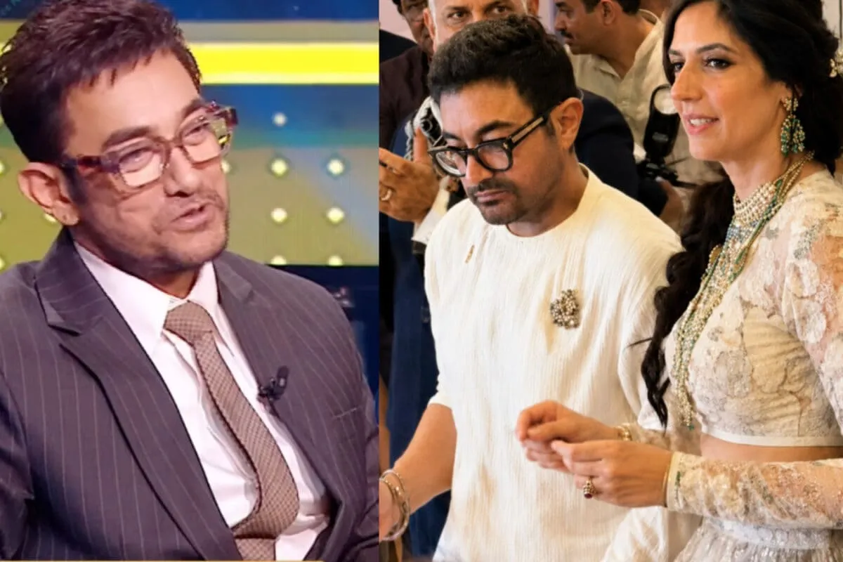 Aamir Khan and Sunny Deol smiling on the set of Kaun Banega Crorepati KBC 18