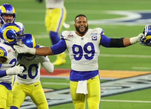 Aaron Donald wearing a Los Angeles Rams helmet looking ready for a game