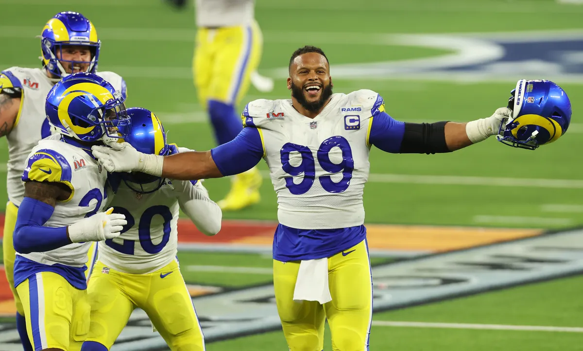 Aaron Donald wearing a Los Angeles Rams helmet looking ready for a game