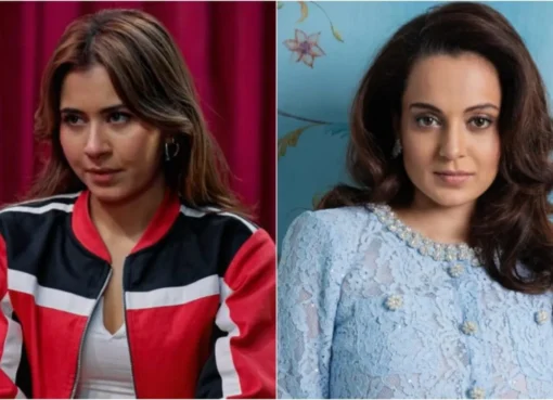 Split image showing Akanksha Choudhary looking serious and Kangana Ranaut smiling.