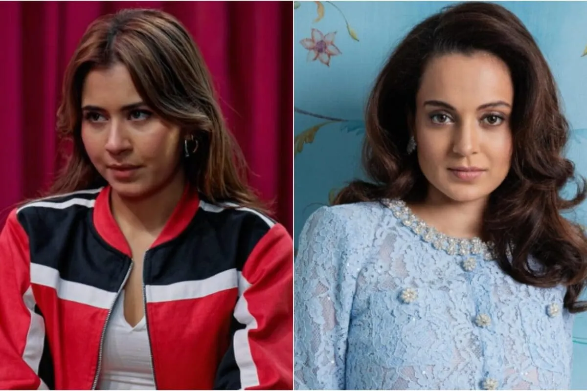 Split image showing Akanksha Choudhary looking serious and Kangana Ranaut smiling.