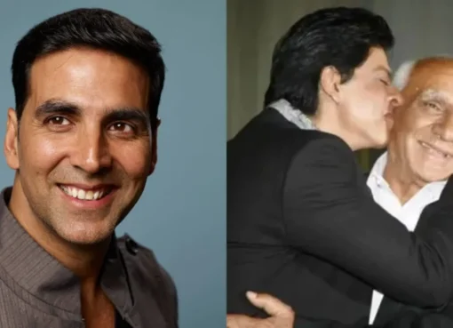 A split image showing a still from Dil Toh Pagal Hai and a portrait of Akshay Kumar.