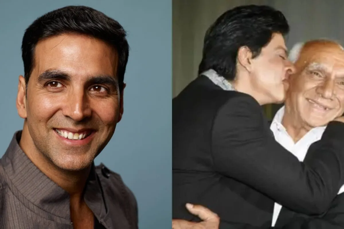 A split image showing a still from Dil Toh Pagal Hai and a portrait of Akshay Kumar.