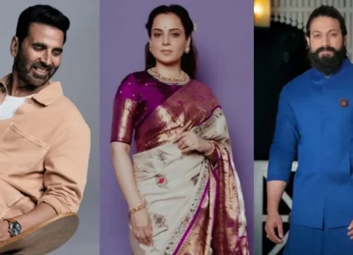 Indian celebrities like Akshay Kumar, Yash, and Kangana Ranaut sharing patriotic messages on social media.