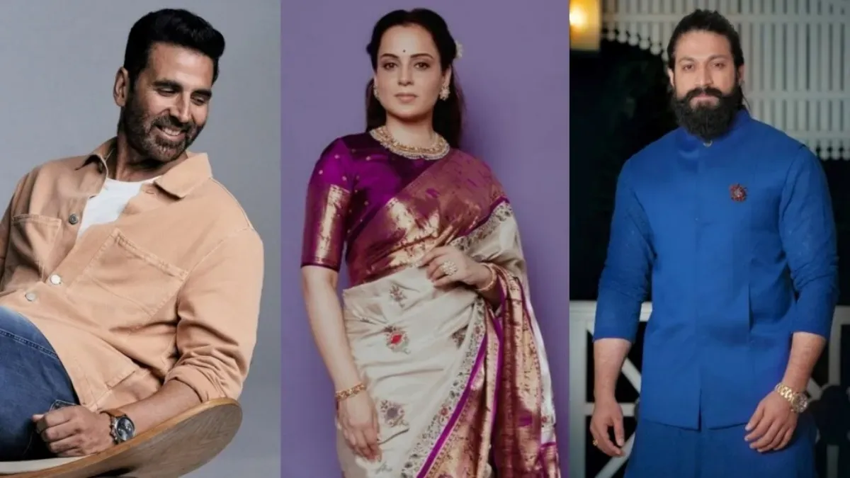 Indian celebrities like Akshay Kumar, Yash, and Kangana Ranaut sharing patriotic messages on social media.