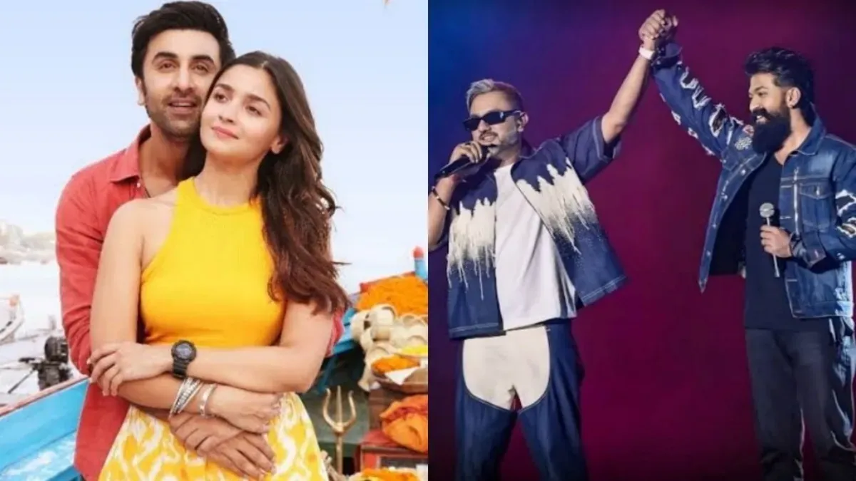 A split image showing Alia Bhatt looking thoughtful and Yash in a powerful, regal pose for Ramayana, representing major entertainment news.