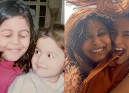 Alia Bhatt and Shaheen Bhatt sharing a tender moment, with one photo from childhood and another recent one.