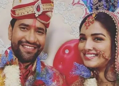 Amrapali Dubey and Nirahua in a still from a Bhojpuri film.