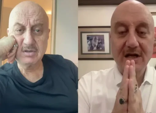 Anupam Kher with a serious, concerned expression urging for support.