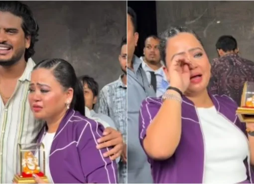 Bharti Singh laughing and getting emotional while receiving gifts from paparazzi.