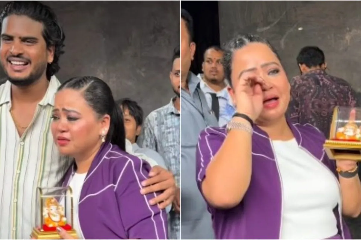 Bharti Singh laughing and getting emotional while receiving gifts from paparazzi.