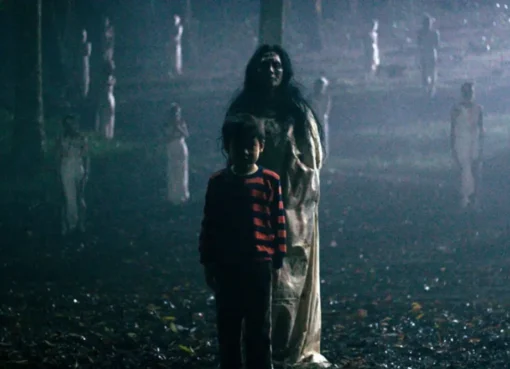 A dark, moody image suggesting a horror film, perhaps with a shadowed figure or an unsettling interior.