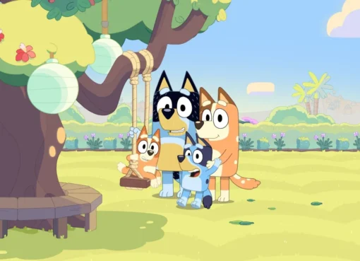 An illustration of Bluey and Bingo smiling, with Australian landmarks faintly visible in the background.