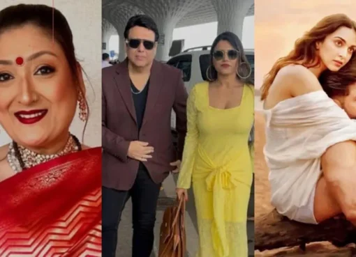 Collage of Sunita Ahuja and actor Govinda, and actors Yash and Kiara Advani.