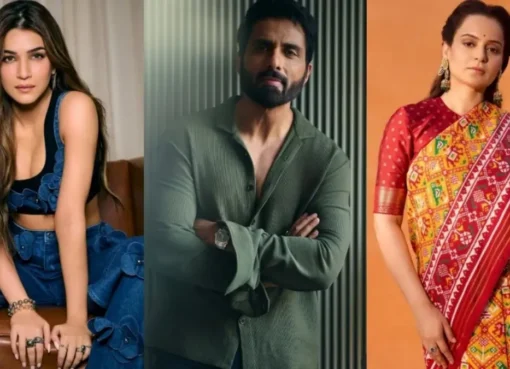Bollywood actors Sonu Sood, Kangana Ranaut, and Kriti Sanon showing solidarity and praying for Nepal flood victims, depicting a sense of compassion.