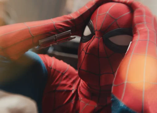 Spider-Man swinging through a city, with a pixelated or glitchy visual effect representing a movie leak.
