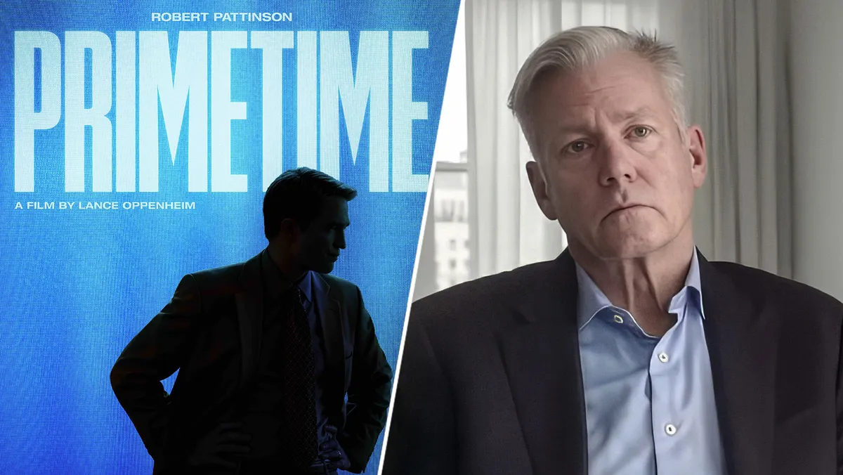 Robert Pattinson in a dark movie scene next to Chris Hansen