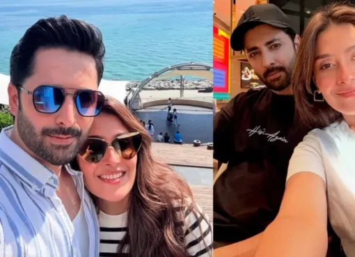 Danish Taimoor and Ayeza Khan smiling together, looking happy.