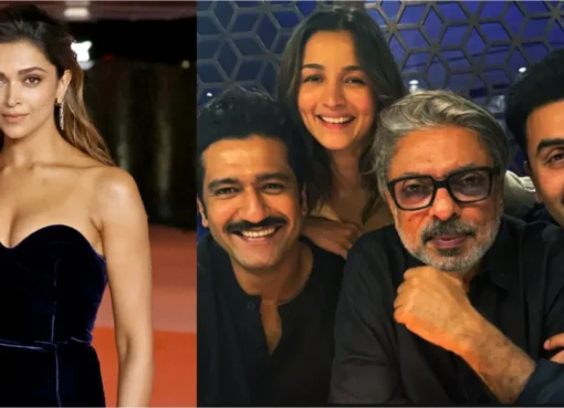 Deepika Padukone smiling, looking elegant on a potential film set.
