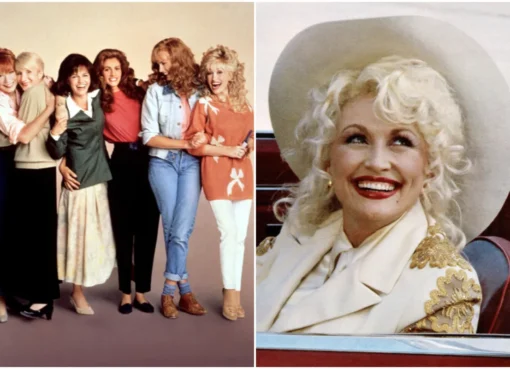 Dolly Parton smiling, wearing a pink dress and a big blonde wig.