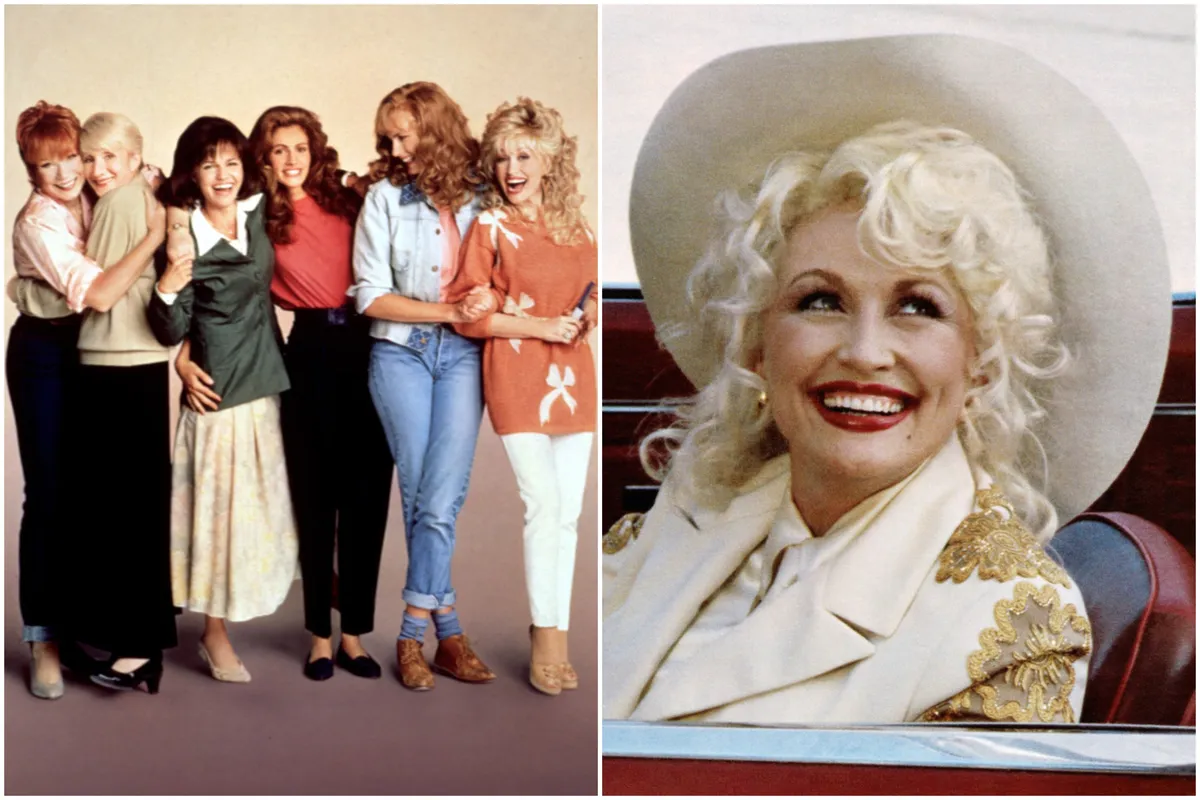 Dolly Parton smiling, wearing a pink dress and a big blonde wig.