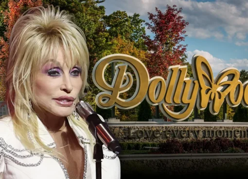 Dollywood theme park entrance sign with colorful decorations.