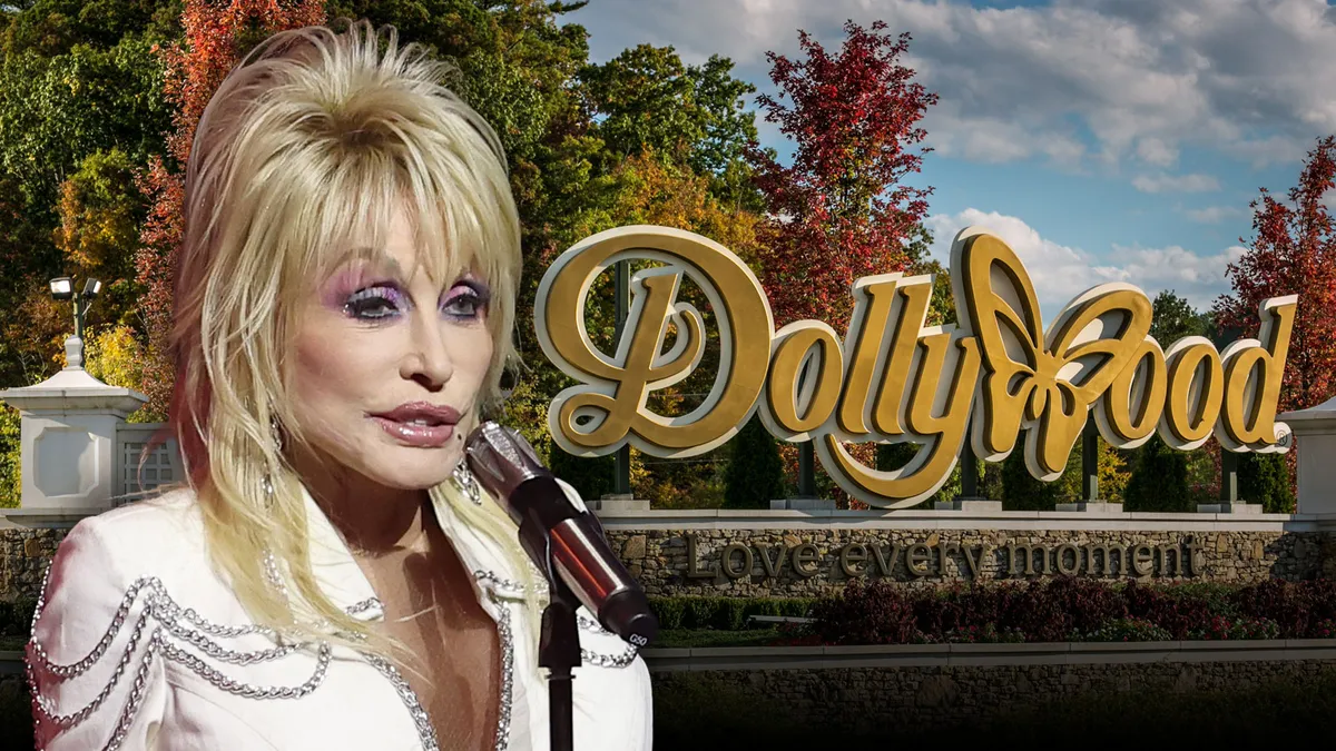 Dollywood theme park entrance sign with colorful decorations.